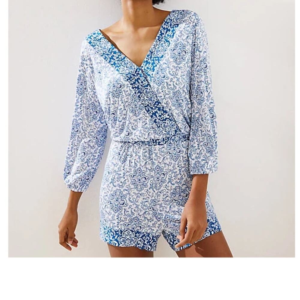 LOFT Beach Blue Paisley Faux Wrap Romper Cinched Waist Flowy Feminine XS